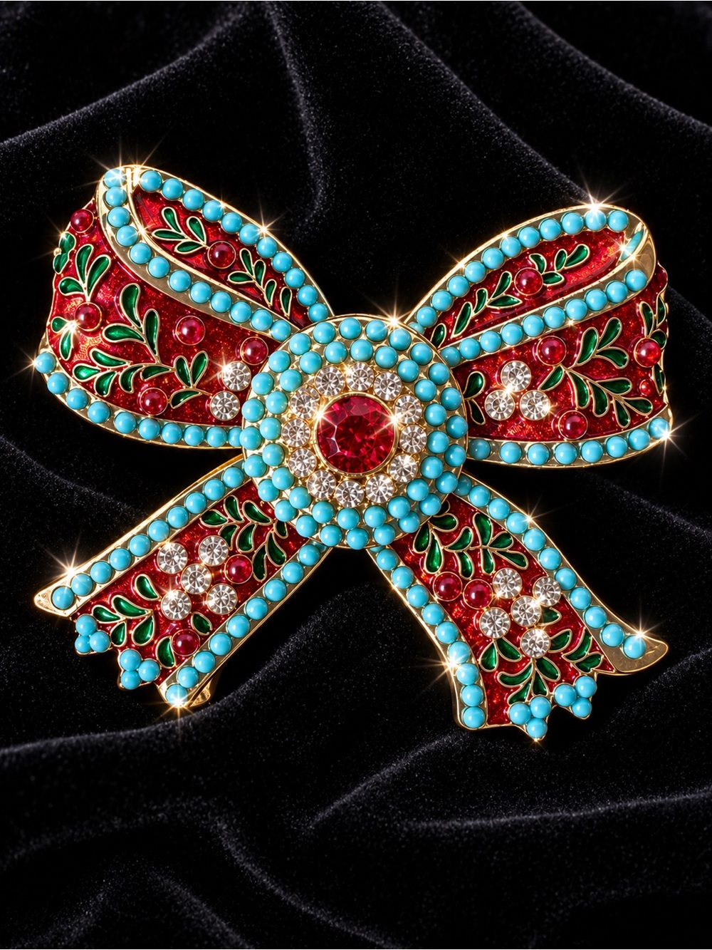 Large Ornate Red & Turquoise Bow Brooch with Clear Crystal Accents